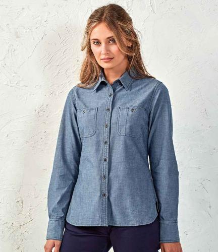 Premier Ladies Organic Fairtrade Long Sleeve Chambray Shirt - IDM - XXL